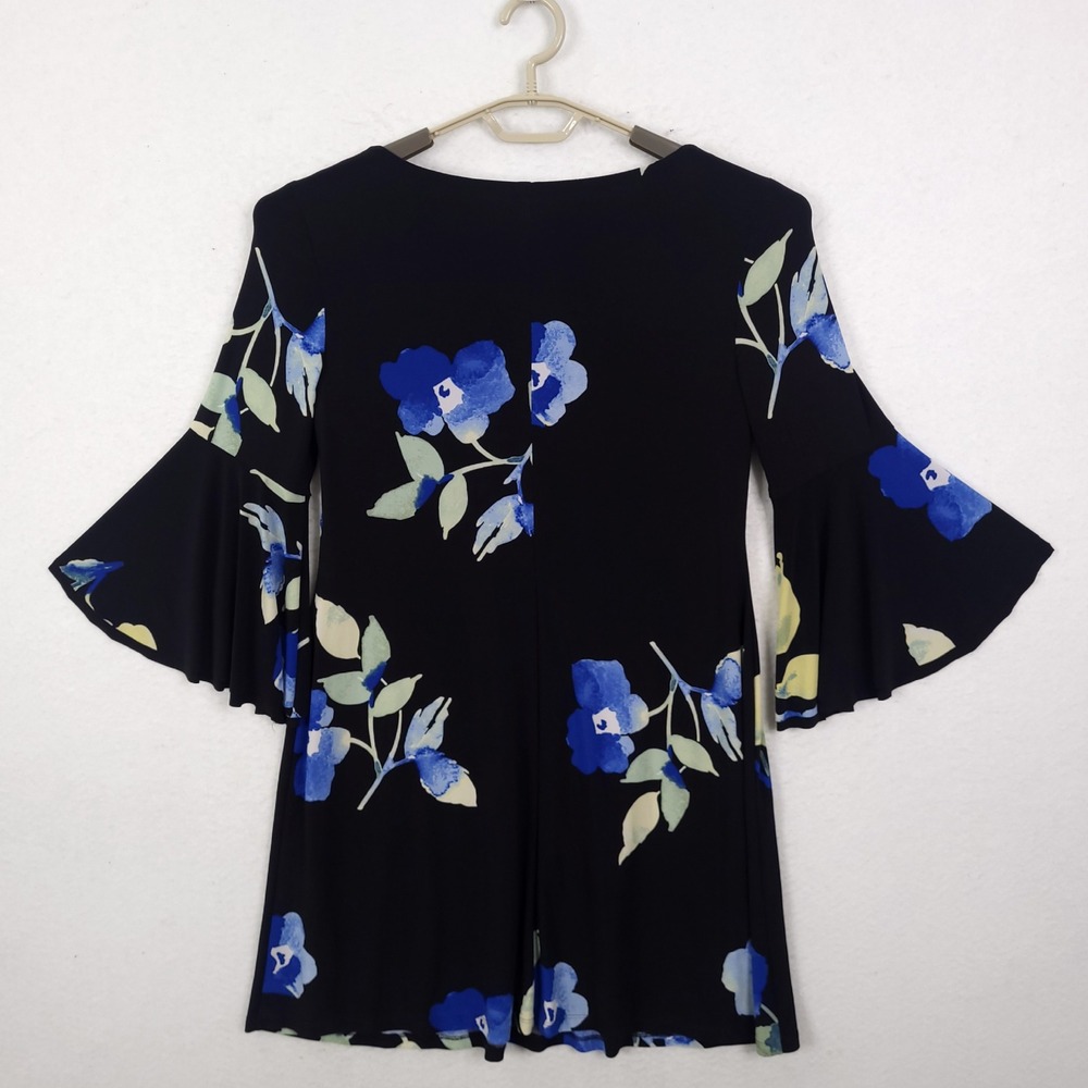 Lauren Ralph Lauren Dress Black Blue Floral Bell Sleeve Size 6 Lined Classic - Picture 2 of 13